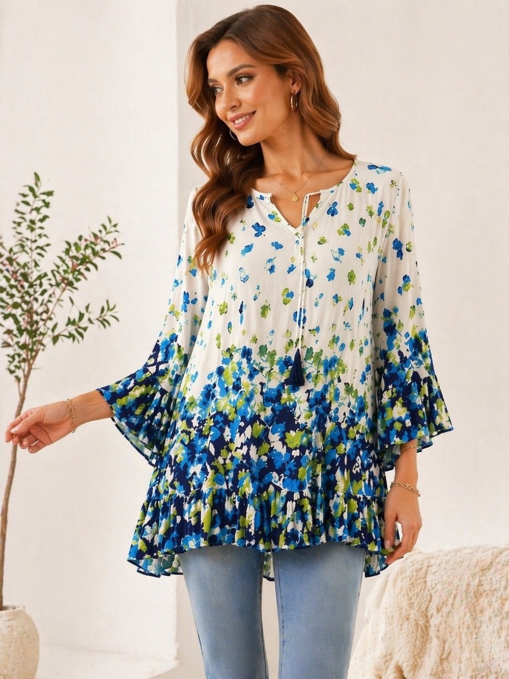 Avenue White Floral Tassel Tie Ruffle-Hem Tunic with Blue and Green Print - Picture 2 of 11